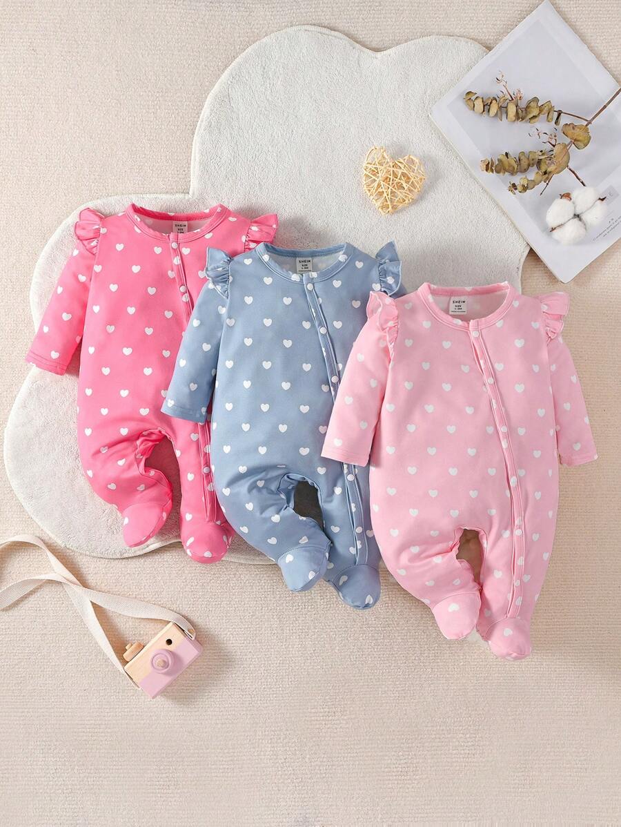 SHEIN Valentine's Day All-Over Heart Print Cap Sleeve Footed Baby Romper Set, Multi-Piece Assortment - Multicolor - View 1