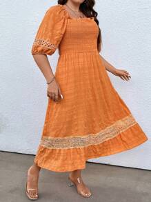 Breezaya Hơn Ren tương phản Cổ vuông Ống tay áo Đầm - trái cam - Xem 3