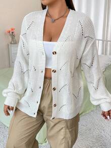 Flirla Plus Pointelle Knit Drop Shoulder Cardigan - White - View 9