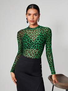 Maija 豹紋印花透視網紗上衣不附胸罩