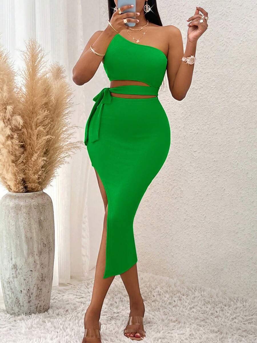 One Shoulder Cut Out Knot Side Split Thigh Dress - Green - View 1