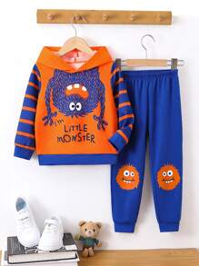 SHEIN 2pcs/Set Young Boy Casual Colorblock Striped Cartoon Print Hoodie And Pants Set, Autumn - Multicolor - View 1