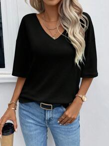 SHEIN LUNE 素色落肩T恤 - 黑色 - 查看 6