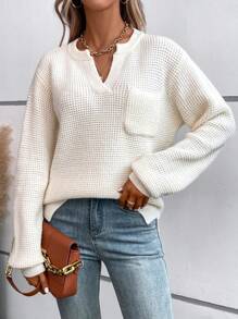 SHEIN LUNE Notched Neck Pocket Patched Drop Shoulder Knit Pullover Fall Winter Sweater - White - View 5