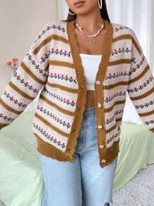 Flirla Plus Striped Pattern Drop Shoulder Cardigan - Multicolor - View 5