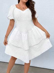 Flirla 大碼雞心領口泡泡袖層疊下擺洋裝 - 白色 - 查看 4