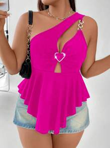 SHEIN Allurite Plus Heart Ring Linked Cut Out One Shoulder Peplum Top - Hot Pink - View 1