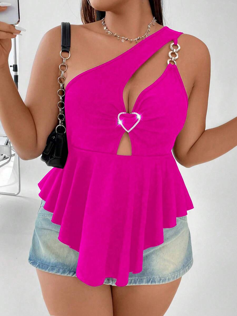 SHEIN Allurite Plus Heart Ring Linked Cut Out One Shoulder Peplum Top - Hot Pink - View 1