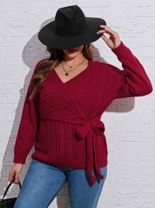SHEIN LUNE Plus Cable Knit Knot Side Wrap Sweater - Red - View 4