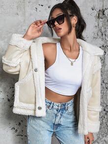 Eilly Bazar Faux Sheepskin Lined Suede Jacket - Beige - View 6