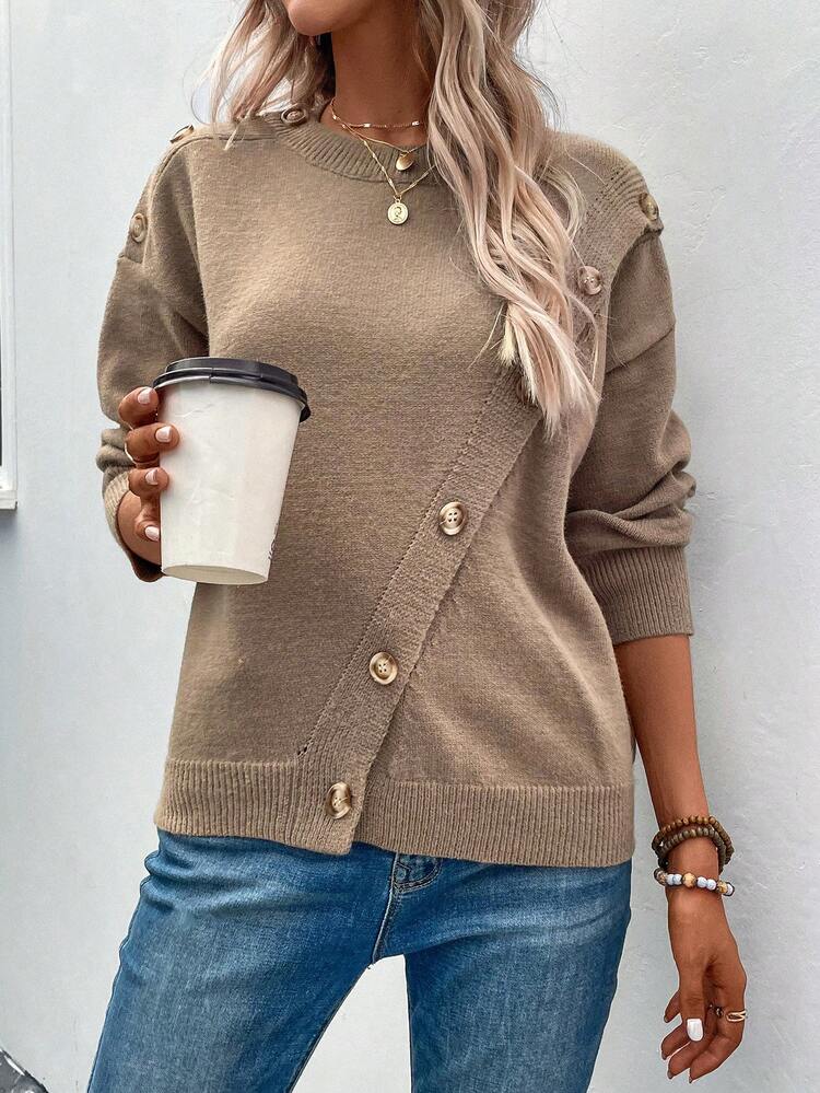 SHEIN LUNE Áo len chui đầu dáng rộng, cổ rớt, có chi tiết cúc cài, thích hợp cho mùa thu đông. - Cà phê nâu - Xem 6