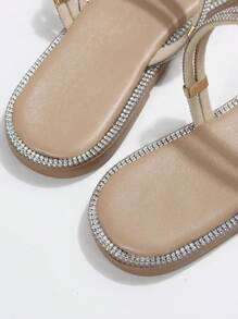 Women Faux Suede Rhinestone Decor Open Toe Slide Sandals, Glamorous Outdoor Flat Sandals - Apricot - View 8
