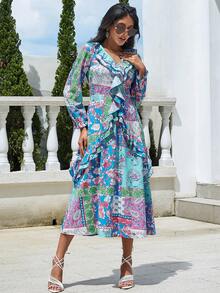 Eilly Bazar Floral Print Ruffle Trim Dress - Multicolor - View 5