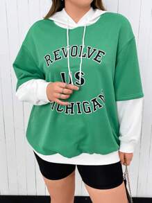 Flirla Plus Size Letter Graphic Drop Shoulder Drawstring Sweatshirt Pullover Fall Sweatshirt - Multicolor - View 7