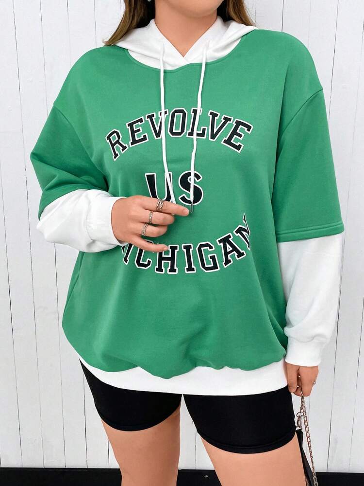 Plus Size Letter Graphic Drop Shoulder Drawstring Sweatshirt Pullover Fall Sweatshirt