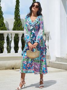 Eilly Bazar Floral Print Ruffle Trim Dress - Multicolor - View 4