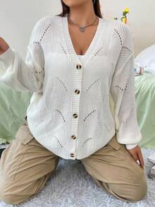 Flirla Plus Pointelle Knit Drop Shoulder Cardigan - White - View 7