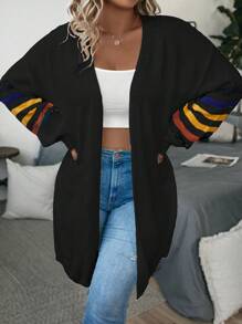 SHEIN LUNE Plus Striped Pattern Drop Shoulder Duster Cardigan - Black - View 5