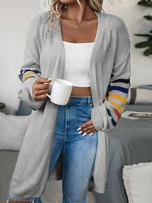 SHEIN LUNE Plus Striped Pattern Drop Shoulder Duster Cardigan, For Winter