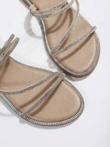 Women Faux Suede Rhinestone Decor Open Toe Slide Sandals, Glamorous Outdoor Flat Sandals - Apricot - View 7