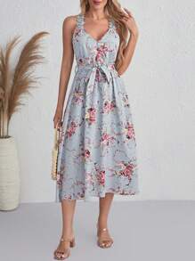 SHEIN Clasi In hoa Váy có thắt lưng - Màu xanh lam - Xem 4