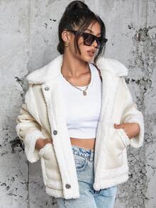 Eilly Bazar Faux Sheepskin Lined Suede Jacket - Beige - View 5