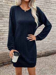 SHEIN LUNE Solid Drop Shoulder Sweatshirt Dress - Navy Blue - View 5