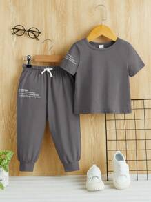 SHEIN Leap Crew Baby Boy Casual Slogan Graphic Round Neck Short Sleeve T-Shirt And Elastic Cuff Pants Set - Grey - View 6