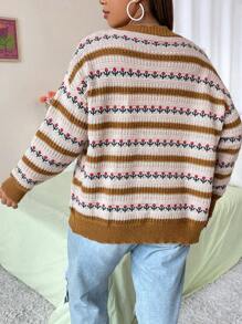 Flirla Plus Striped Pattern Drop Shoulder Cardigan - Multicolor - View 2