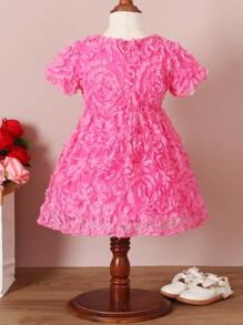 女嬰貼花細節泡泡袖派對禮服 - 粉色 - 查看 2
