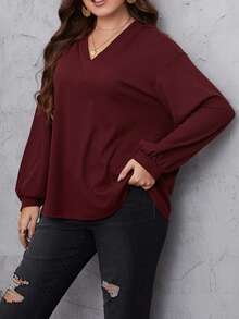 Plus Lantern Sleeve Blouse - Burgundy - View 3