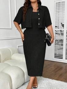 SHEIN Clasi Plus Solid Dress & Button Front Jacket - Black - View 5