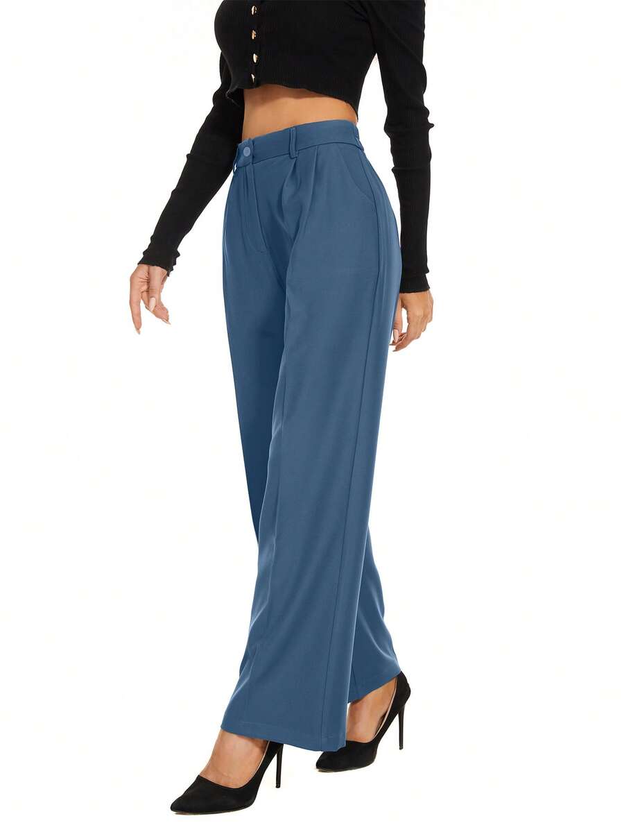 Solid High Waist Straight Leg Pants