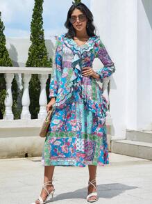 Eilly Bazar Floral Print Ruffle Trim Dress - Multicolor - View 1