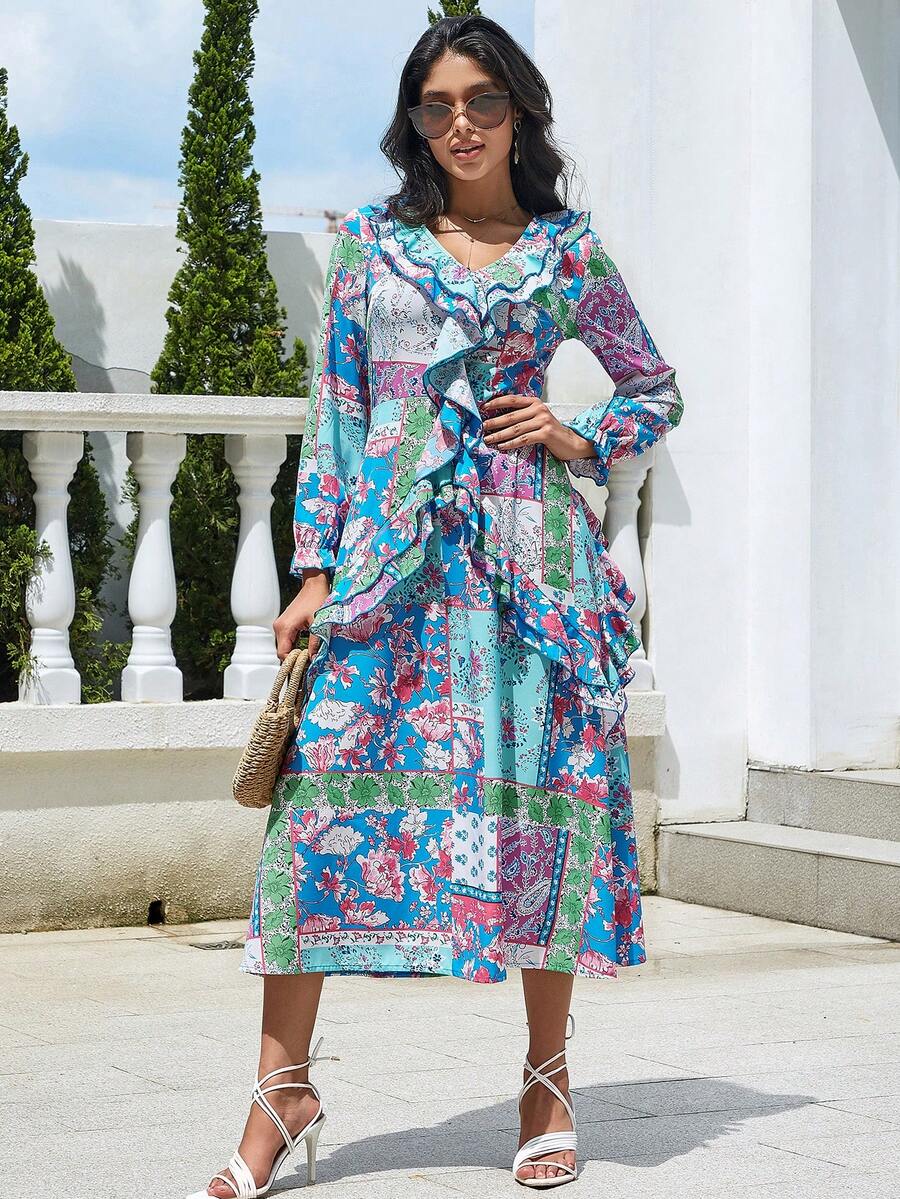 Eilly Bazar Floral Print Ruffle Trim Dress - Multicolor - View 1