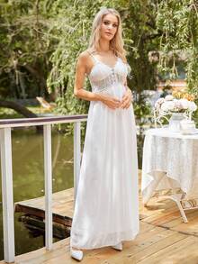 Contrast Lace Cami Wedding Dress - White - View 6