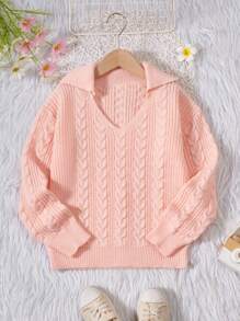 SHEIN Tween Girl Cable Knit Drop Shoulder Sweater - Pink - View 1
