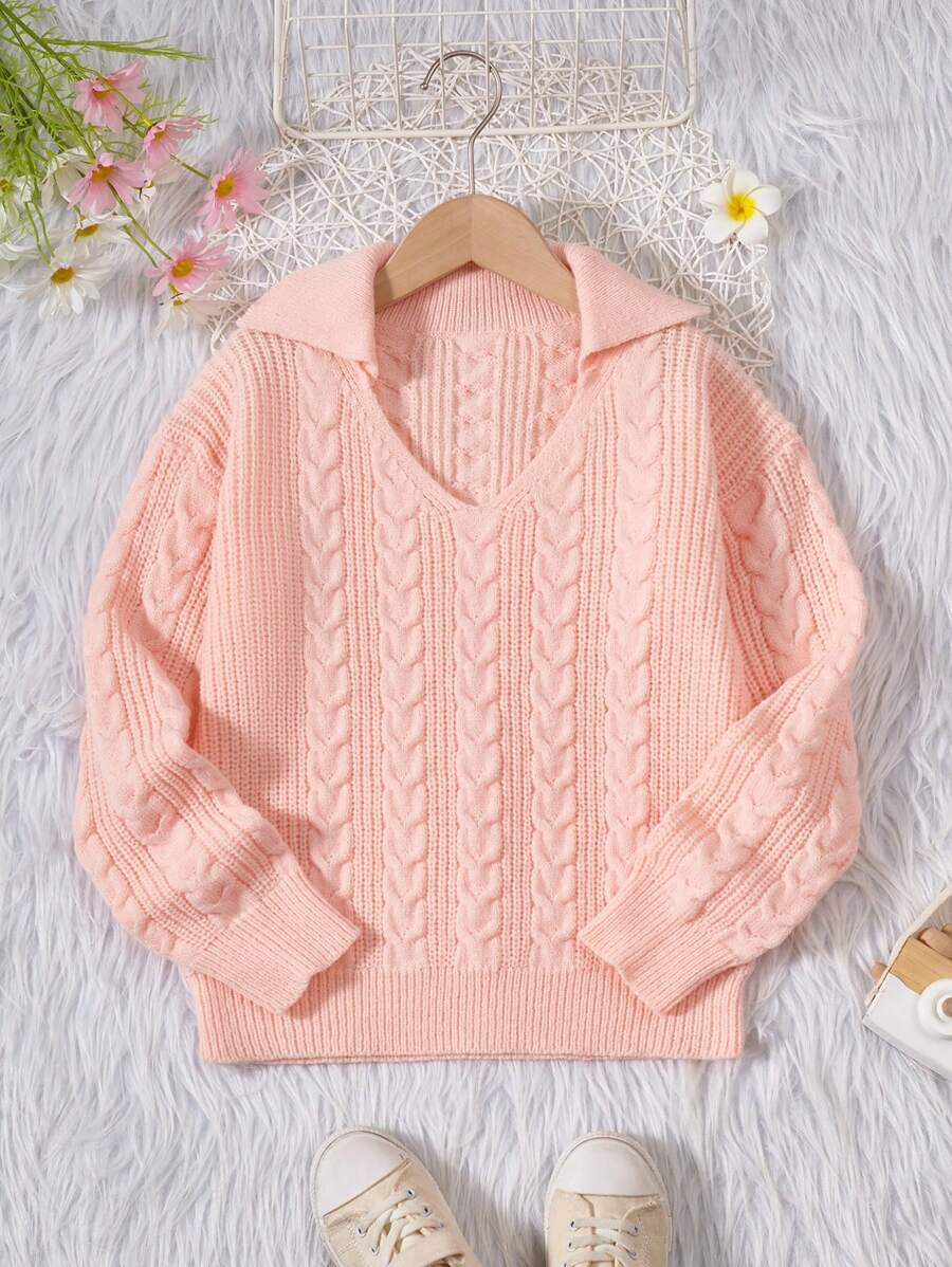 SHEIN Tween Girl Cable Knit Drop Shoulder Sweater - Pink - View 1