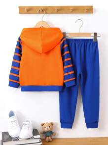 SHEIN 2pcs/Set Young Boy Casual Colorblock Striped Cartoon Print Hoodie And Pants Set, Autumn - Multicolor - View 2