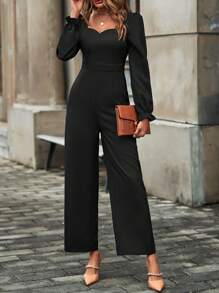 雞心領口荷葉袖闊腿連體褲 - 黑色 - 查看 1