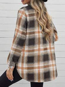 Women's Casual Spring Fall Plaid Shirts Shacket Rounded Hem Button Down Blouse With Slits - Black - View 2