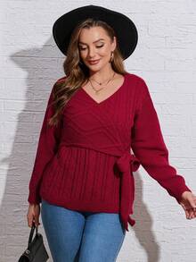 SHEIN LUNE Plus Cable Knit Knot Side Wrap Sweater - Red - View 9