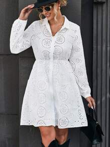 SHEIN Frenchy 網眼刺繡前紐扣襯衫洋裝 - 白色 - 查看 5