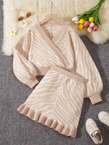 SHEIN 女大童斑馬紋圖案燈籠袖套頭毛衣&荷葉邊針織短裙 - 杏色 - 查看 1