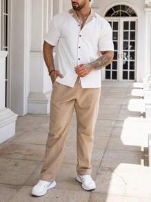 Manfinity Homme Men Loose Colorblock Button Up Shirt & Pants , Work , Casual , Husband , Color Block - Khaki - View 3