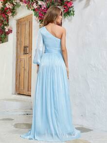 Asymetryczna sukienka z wycięciem na szyi i talią, z rękawami w kształcie latarni, elegancka, z długim rękawem, formalna, wieczorowa, balowa, na przyjęcie weselne, na zakończenie szkoły, sukienka na przyjęcie