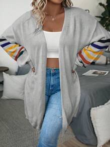 SHEIN LUNE Plus Striped Pattern Drop Shoulder Duster Cardigan, For Winter