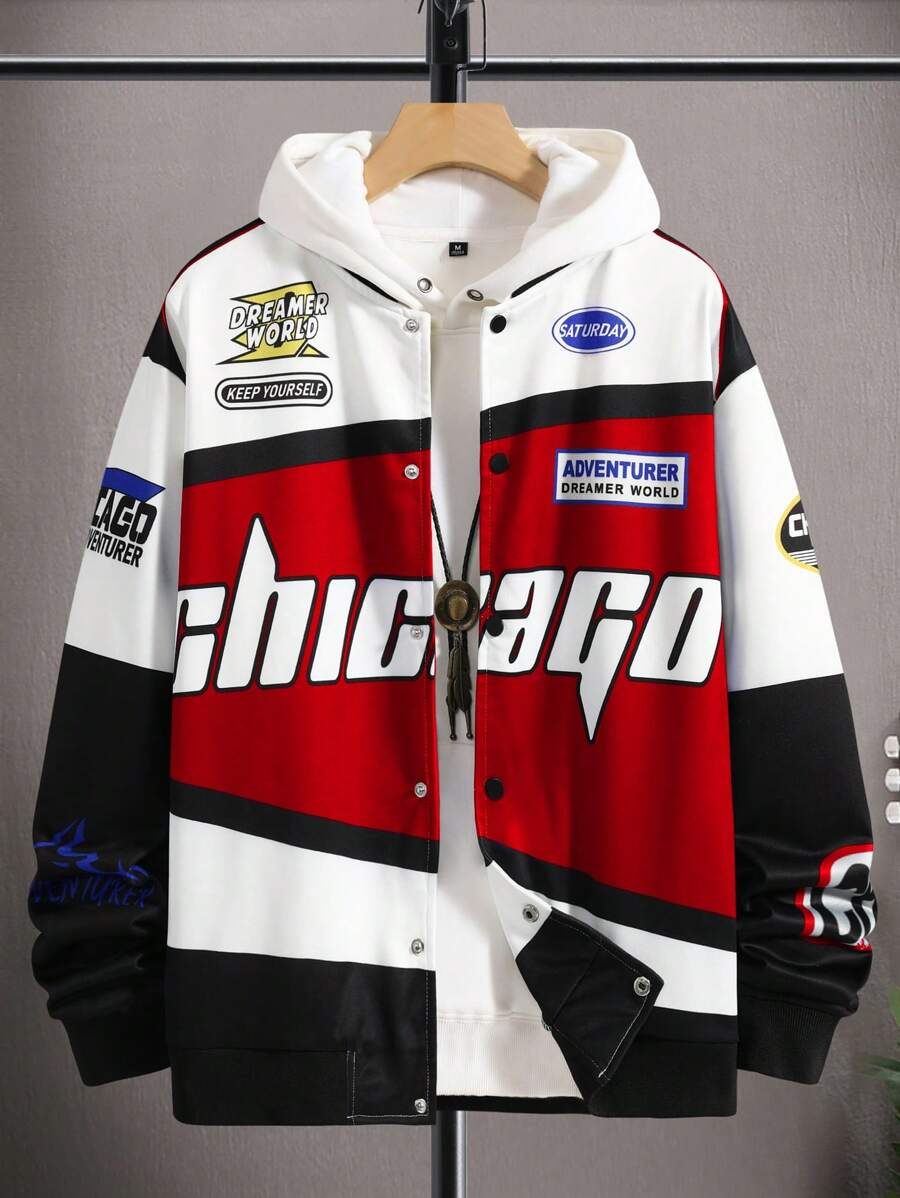 Manfinity EMRG 男士寬鬆版型字母拼接印花夾克,不帶帽子 - 彩色 - 查看 1