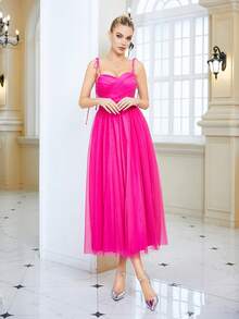 Ruched Bust Mesh Cami Dress - Hot Pink - View 4