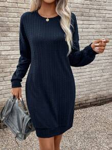 SHEIN LUNE Solid Drop Shoulder Sweatshirt Dress - Navy Blue - View 6